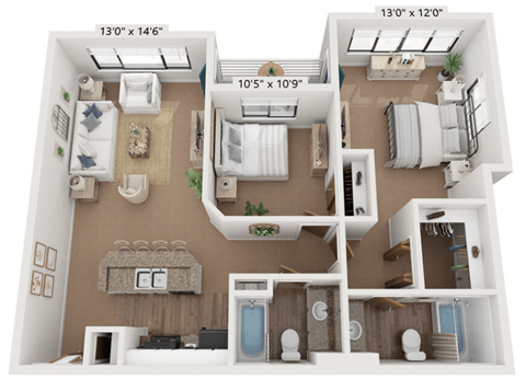 Floor plan for 2 beds, 2 baths, 998 sqft